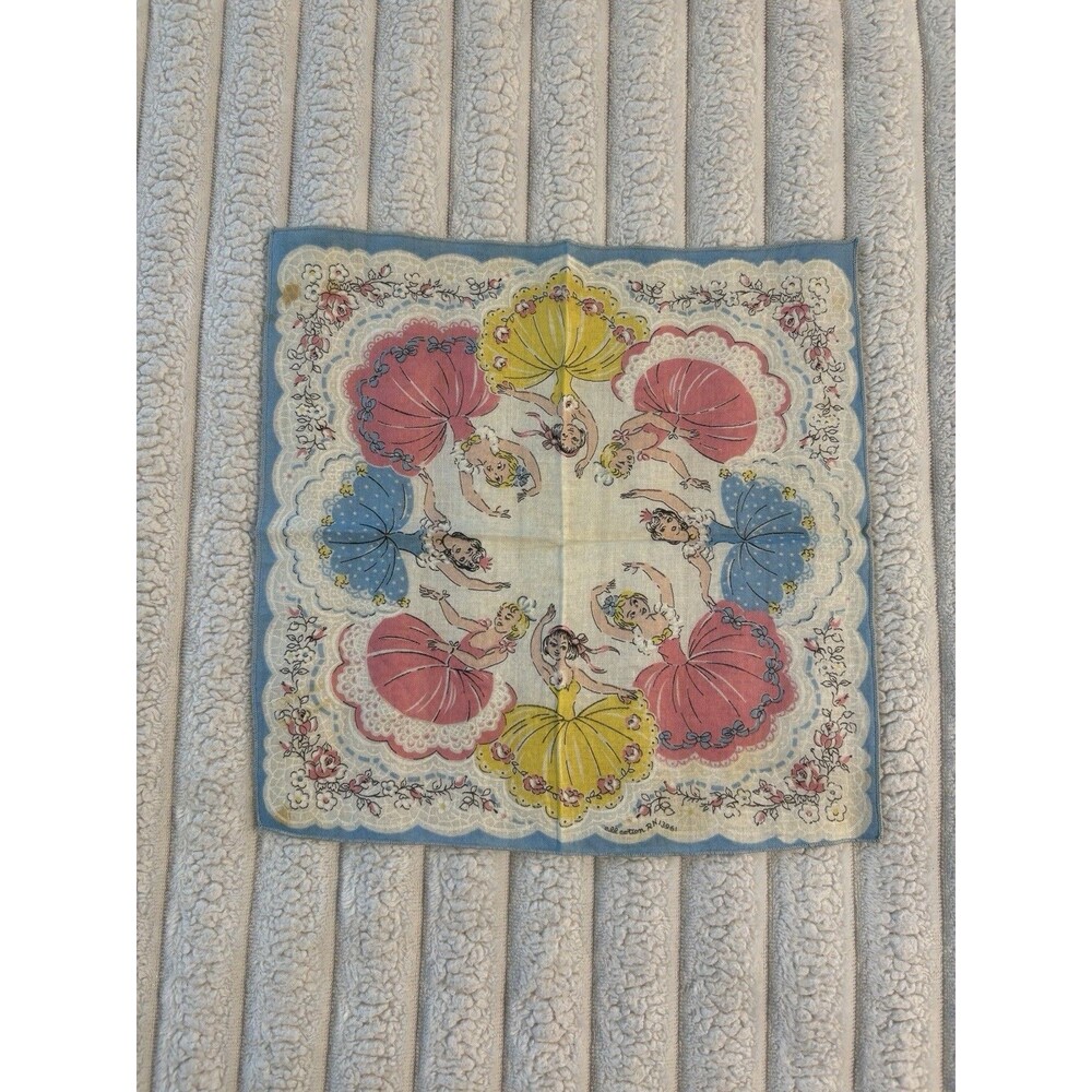 Vintage Tuside Dancing Ballerina Handkerchief 100% Cotton Pastel 1950s Floral